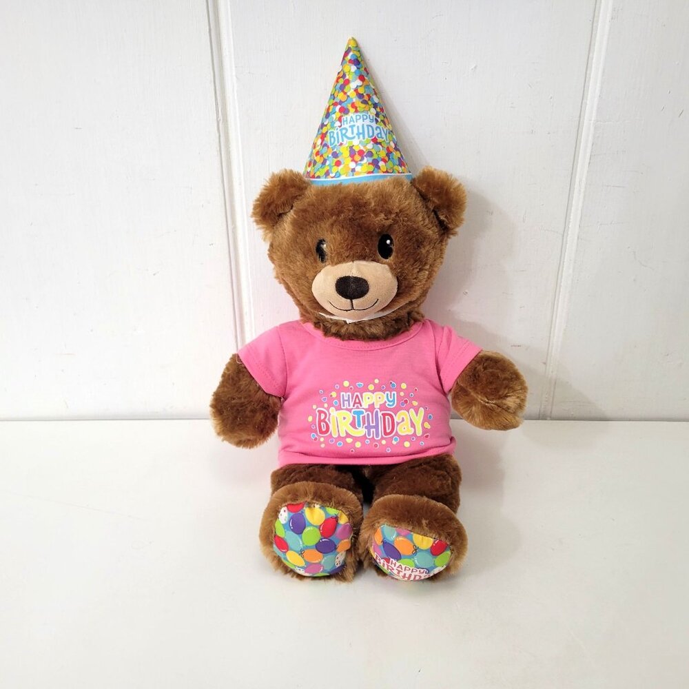 Build-A-Bear Workshop Birthday Teddy Bear W/ Pink Shirt & Party Hat Plush Toy - Picture 1 of 5